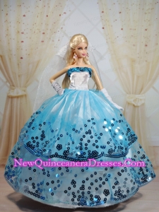 Popular Ball Gown Party Clothes White and Blue Barbie Doll Dress