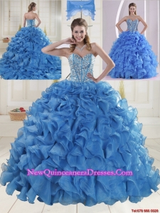 Elegant Brush Train Beading Quinceanera Dresses in Baby Blue for 2015