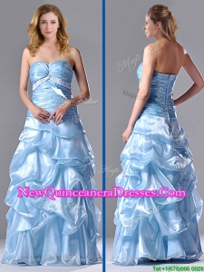 Column Sweetheart Long Light Blue Beaded Ruched Dama Dress in Organza