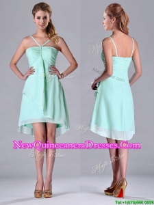 Empire Straps Apple Green Ruching Short Dama Dress in Chiffon