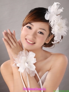 Popular White Feather Organza Flowers Fascinators and Wrist Corsage