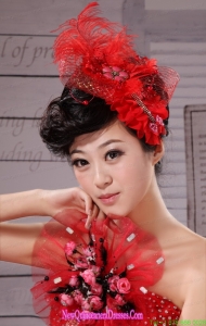 Red Hairpins Birdcage Veils Tulle Feather Outdoor and Special Occasion and Outdoor