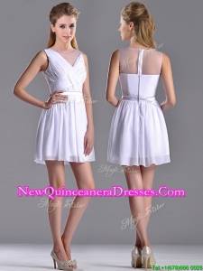 Fashionable See Through Scoop White Dama Dress with Ruching