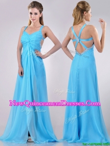 Luxurious Straps Criss Cross Beaded Long Dama Dress in Baby Blue