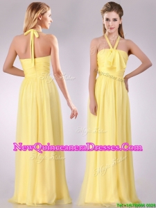 Lovely Halter Top Chiffon Ruched Long Dama Dress in Yellow