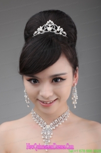 Elegant Rhinestone And Pearl Jewelry Set Including Necklace Earrings And Crown