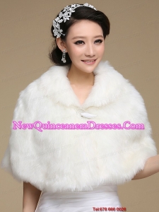 2015 Ivory Faux Fur Shawl With Button Front Closure