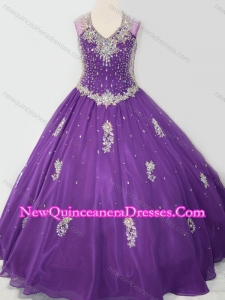 Cute Ball Gown V Neck Organza Beaded and Applique Little Girl Pageant Dress in Purple