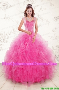 2015 Pretty Straps Hot Pink Quinceanera Dresses with Beading