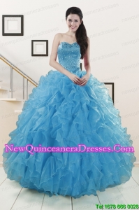 Beautiful Beaded Quinceanera Dresses Ruffled in Blue