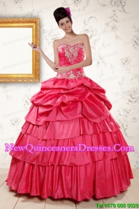 2015 Discount Appliques Quinceanera Dresses in Coral Red