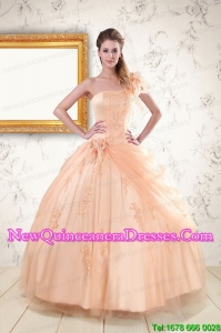 2015 Top Seller One Shoulder Appliques Quinceanera Dress in Champagne