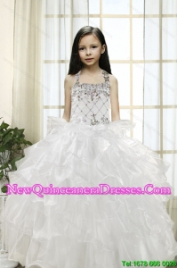 White Ball Gown Halter 2015 Little Girl Pageant Dress with Beading and Ruffles