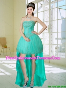 Luxurious Apple Green Strapess High Low Dama Dresses with Embroidery and Beading