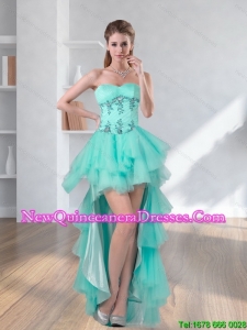 High Low Turquoise Sweetheart Dama Dresses with Appliques for 2015