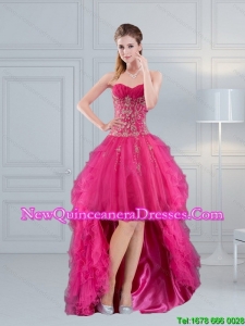 Cheap High Low Sweetheart Hot Pink 2015 Dama Dress with Embroidery and Beading