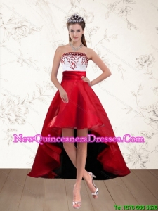 Cheap White and Wine Red High Low Strapless Dama Dresses with Embroidery