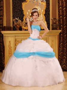 Perfect White and Aqua Quinceanera Dress Strapless Appliques Satin and Organza Ball Gown