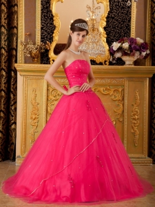 Low Price Hot Pink Sweet 16 Dress Strapless Tulle Appliques A-line / Princess