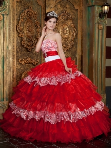 Pretty Red Quinceanera Dress Strapless Organza and Zebra Ruffles Ball Gown
