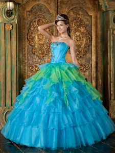 Inexpensive Organza Ruffles Strapless Blue Quinceanera Gown For Guests