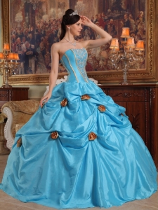 Lovely Sky Blue Quinceanera Dress Strapless Taffeta Beading and Hand Made Flowers Ball Gown