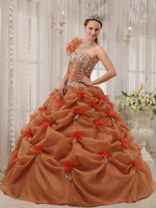 Discount Rust Red Quinceanera Dress One Shoulder Organza Appliques Ball Gown