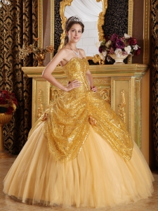 New Gold Quinceanera Dress Sweetheart Sequined and Tulle Handle Flowers Ball Gown