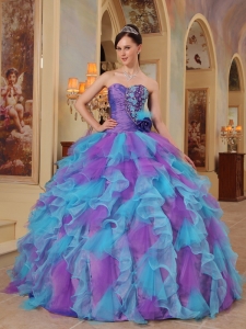 The Most Popular Purple and Aqua Blue Quinceanera Dres Sweetheart Ruffles Organza Ball Gown