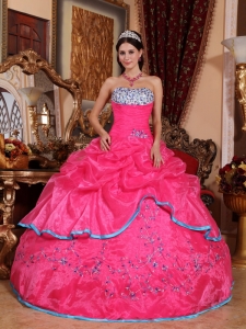 Pretty Hot Pink Quinceanera Dress Strapless Organza Appliques Ball Gown