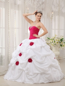 Sexy Hot Pink and White Quinceanera Dress Strapless Taffeta Hand Made Flower Ball Gown