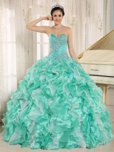 Turquoise Beaded Bodice and Ruffles Custom Made For 2015 Quinceanera Dress In Anderson California