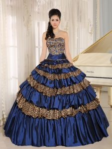 Navy Blue Leopard Ruffled Layers and Appliques With Beading Quinceanera Dress For Custom Made Hilo City Hawaii