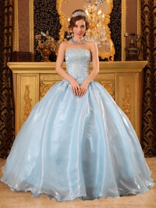 Romantic Light Blue Quinceanera Dress Strapless Organza Beading Ball Gown