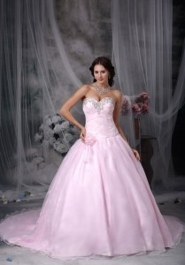 Baby Pink Hand Made Folwers and Ruched Beading Bodice In Indianapolis Court Train Dama Dresses for Quinceanera