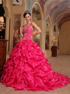 Beautiful Hot Pink Quinceanera Dress Spaghetti Straps Organza Embroidery Ball Gown