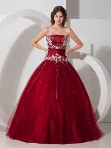 Impression Wine Red Quinceanera Dress Strapless Satin and Tulle Appliques and Beading