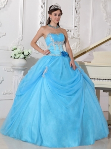 Fashionable Aqua Blue Quinceanera Dress Strapless Taffeta and Organza Appliques and Hand Made Flower Ball Gown