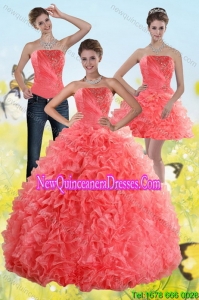 2015 Fashionable Watermelon Sweet 15 Dresses with Beading and Ruffles