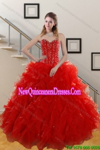 Fashionable 2015 Sweetheart Red Quince Gowns with Beading and Ruffles