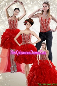 2015 Newest Beading and Ruffles Detachable Quinceanera Skirts in Red