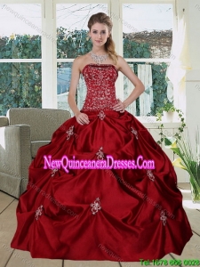 Wine Red 2015 Elegant Quinceanera Gown with Embroidery and Pick Ups