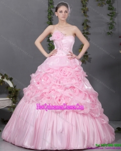 2015 Puffy Pink Quinceanera Gowns with Hand Made Flowers and Ruffles