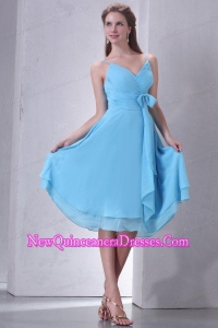 Aqua Blue A-line Spaghetti Straps Knee-length Dama Dresses with Sash