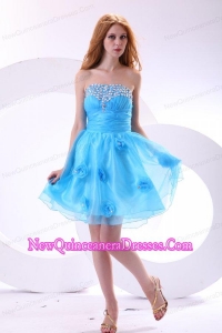 Aqua Blue Dama Dress for Quinceanera with Strapless Beaded and Flowers