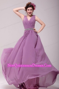 Beaded Decorate Waist V-neck Chiffon Lilac Dama Dress for Quinceanera for Girls