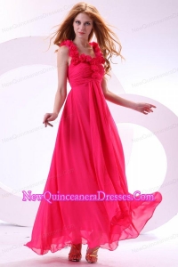 Hot Pink Empire Straps Ankle-length Ruching Chiffon Dama Dresses