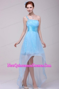 Light Blue One Shoulder High-low Beaded Decorate Dresses for Dama for Girls