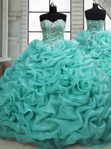 Sexy Turquoise Sweet 16 Dresses Military Ball and Sweet 16 and Quinceanera with Beading and Pick Ups Sweetheart Sleeveless Brush Train Lace Up