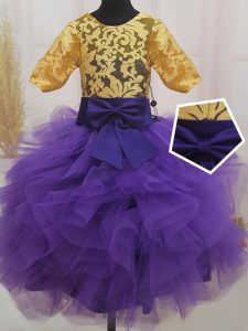 Eggplant Purple and Gold Child Pageant Dress Quinceanera and Wedding Party with Lace and Ruffles and Bowknot Scoop Short Sleeves Zipper